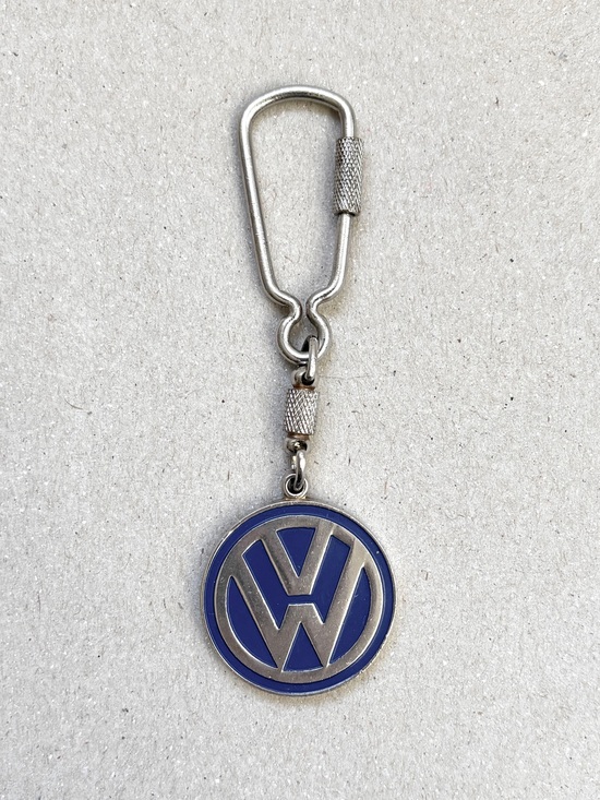 vintage Volkswagen logo blue enamel and mirror silver tone metal keychain